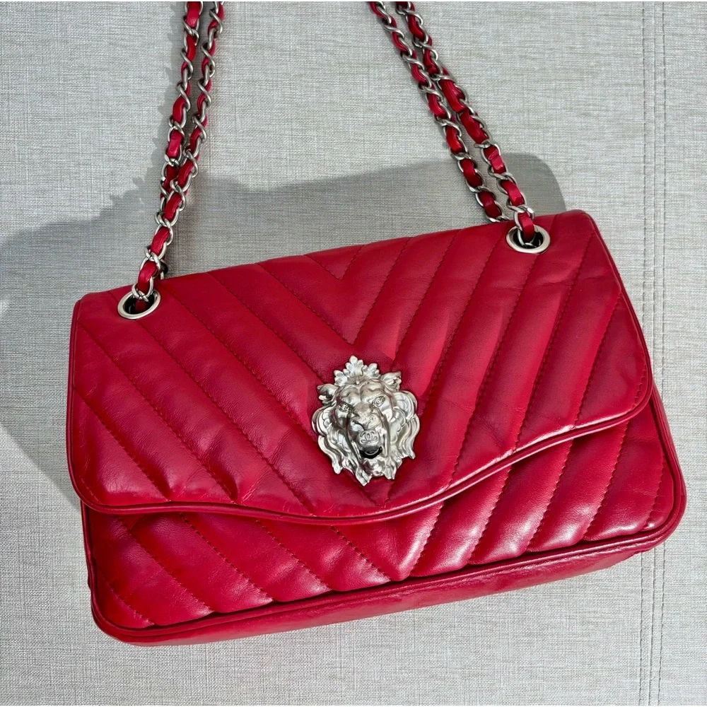 CHANEL Red Lambskin Chevron Flap Bag SHW Lion Hardware - Picture 6 of 16